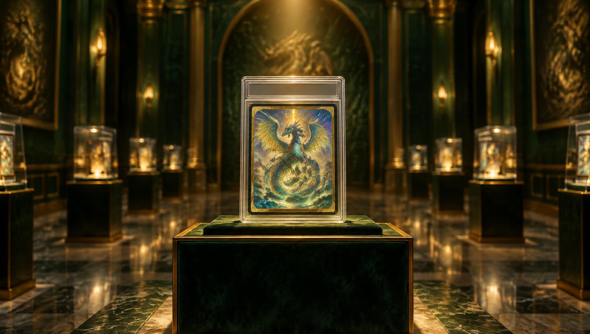 A graded card slab on a velvet pedestal in an emerald and gold gallery
